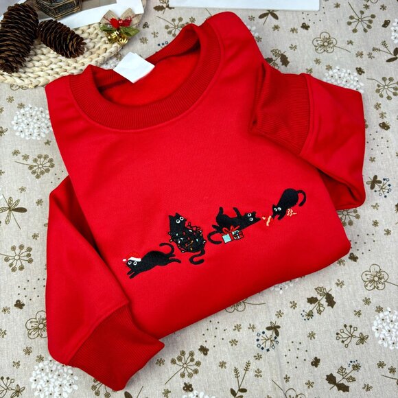 Christmas Cute Cat Embroidered Sweatshirt, Embroidered Funny Christmas Hoodie - Picture 3 of 7